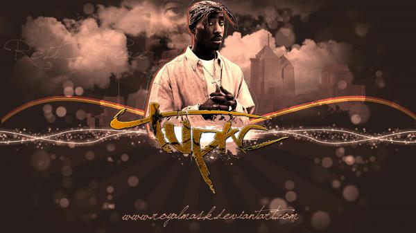 Free 2pac tupac in brown background with building having cross in neck hd music wallpaper download