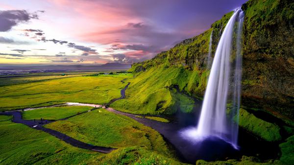 Free 3d waterfall green fields clouds hd wallpaper download