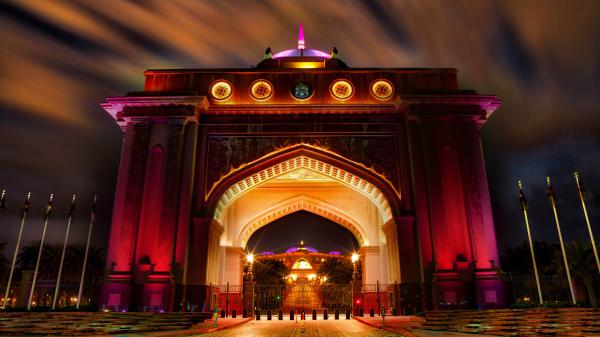 Free abu dhabi arch palace with lights during nighttime 4k 5k hd travel wallpaper download