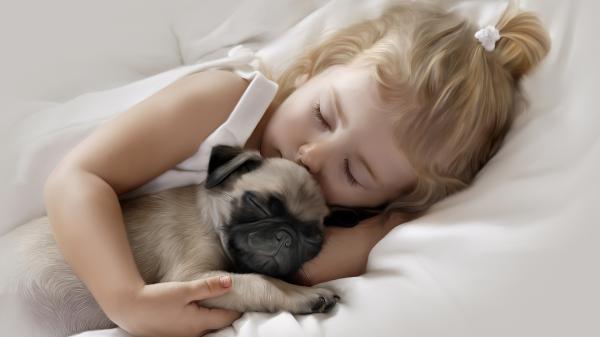 Free adorable little girl is sleeping with pug puppy on bed 4k hd cute wallpaper download