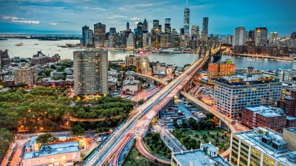 Free aerial view of architecture bridge cityscape buildings river and panorama road hd new york wallpaper download