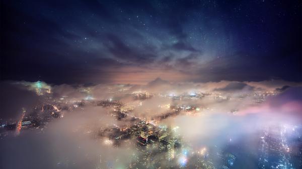 Free aerial view of cityscape with fog horizon lights 4k hd new york wallpaper download