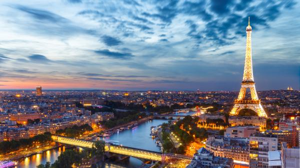 Free aerial view of lighting eiffel tower and paris city during sunset 4k 5k hd travel wallpaper download