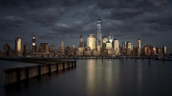 Free aerial view of lightning buildings near river new york 4k hd travel wallpaper download