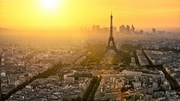 Free aerial view of paris eiffel tower and cityscape during sunrise hd travel wallpaper download