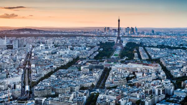 Free aerial view of paris eiffel tower and france city with sky background hd travel wallpaper download