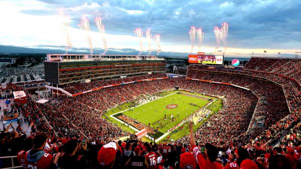 Free aerial view of stadium with people and 49ers players and fireworks 4k hd 49ers wallpaper download
