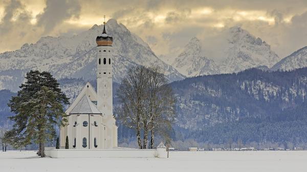 Free alps bavaria church germany schwangau during winter 4k hd travel wallpaper download