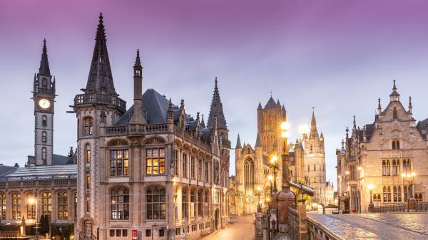 Free architecture belgium city ghent under purple sky during evening 4k 5k hd travel wallpaper download