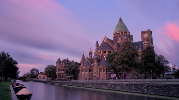 Free architecture boat canal church haarlem netherlands hd travel wallpaper download