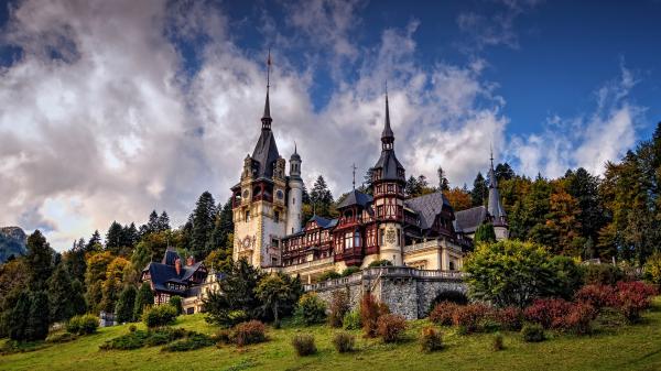 Free architecture castle cloud peles castle romania 4k hd travel wallpaper download