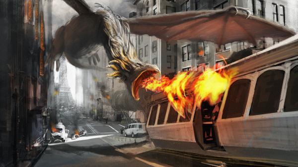 Free art of firing dragon in paris city hd travel wallpaper download