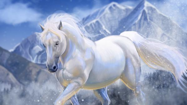 Free artistic white horse with mountain background 4k hd horse wallpaper download