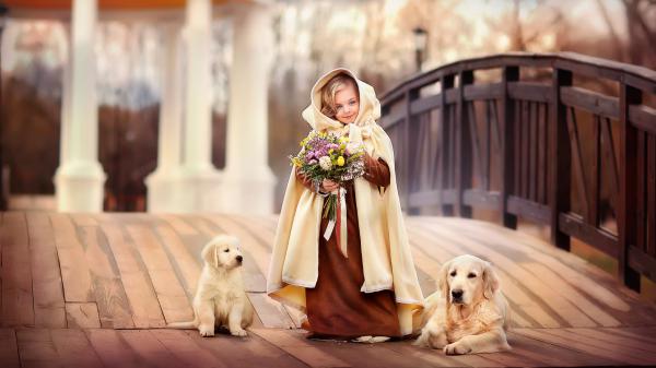 Free ash eyes smiley cute little girl with bouquet is standing between labrador and puppy wearing brown sandal color dress hd cute wallpaper download