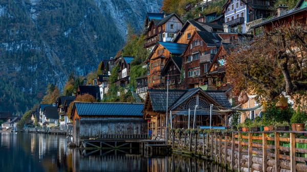 Free austria building hallstatt house with reflection on lake 4k 5k hd travel wallpaper download