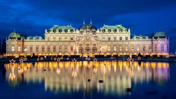 Free austria vienna palace with reflection on water during nighttime 4k 5k hd travel wallpaper download