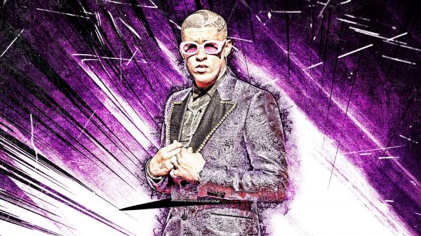 Free bad bunny aesthetic in purple background wearing printed purple coat 4k hd music wallpaper download