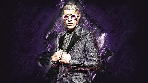 Free bad bunny aesthetic is wearing purple designed coat wearing goggles hd music wallpaper download