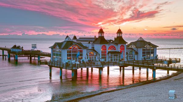 Free beach building coast horizon pier sea during sunset 4k hd travel wallpaper download