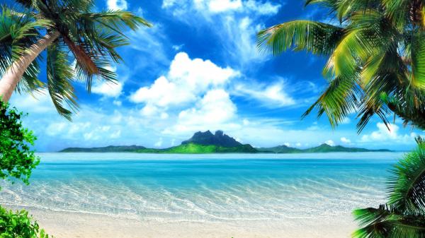 free beautiful cloudy blue sky above calm beach hd beach wallpaper download