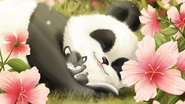 Free big panda and baby panda are sleeping on green grass hd panda wallpaper download