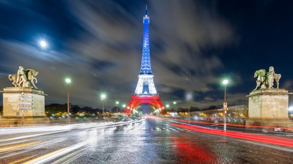 Free blue white and red lighting paris eiffel tower with shallow background 4k hd travel wallpaper download