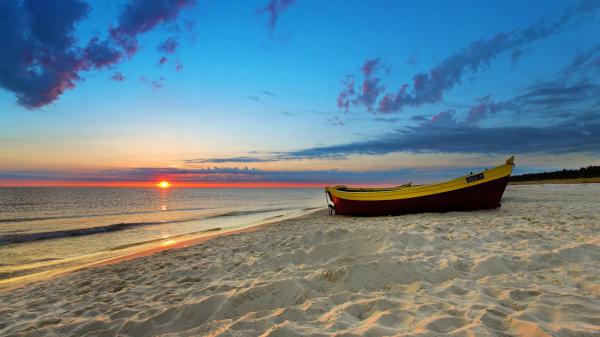 free boat on beach sand during sunrise hd beach wallpaper download