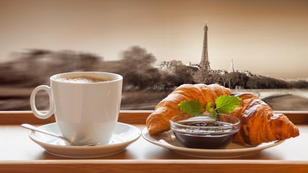 Free breakfast and cup of coffee with background of eiffel tower 4k 5k hd travel wallpaper download