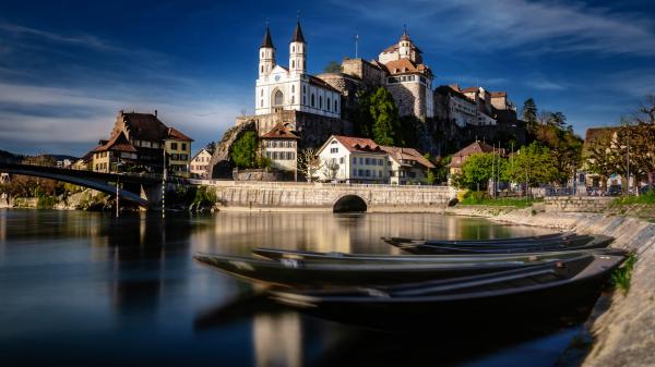 Free bridge building castle church and boat on river switzerland 4k 5k hd travel wallpaper download