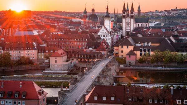 Free bridge building cathedral germany road wurzburg during sunset hd travel wallpaper download