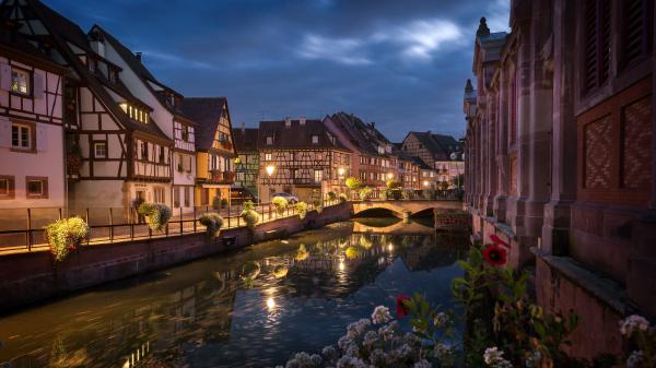 Free bridge canal between house colmar france during nighttime 4k 5k hd travel wallpaper download