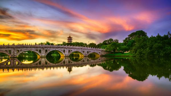 Free bridge lake reflection singapore during sunset hd travel wallpaper download