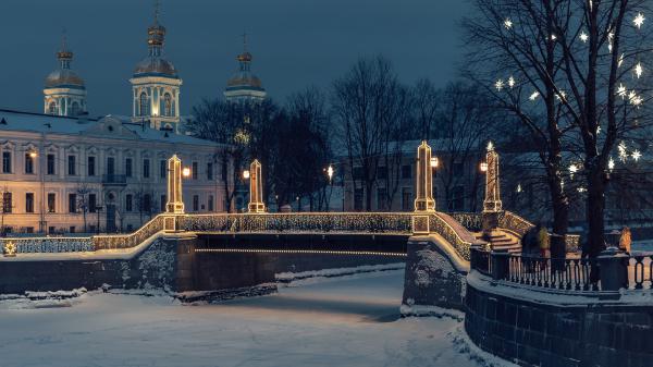 Free bridge night river russia saint petersburg snow winter hd travel wallpaper download