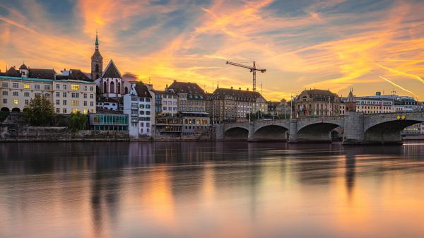 Free building and house near basel bridge above river during sunset in switzerland hd travel wallpaper download