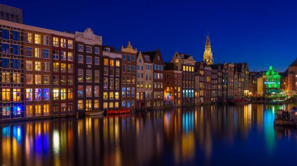 Free canal house amsterdam building netherlands during nighttime hd travel wallpaper download