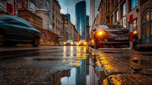 Free cars on road between buildings in frankfurt germany hd travel wallpaper download