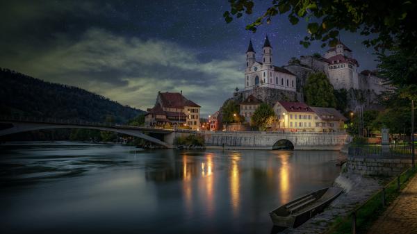 Free castle church river boat building under starry sky switzerland 4k hd travel wallpaper download