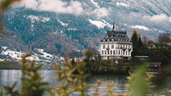 Free castle mansion with snow covered mountain 4k hd travel wallpaper download