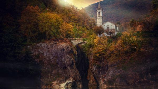 Free church fall bridge forest italy piedmonte river rock hd travel wallpaper download