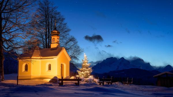 Free church in germany christmas tree during nighttime hd travel wallpaper download