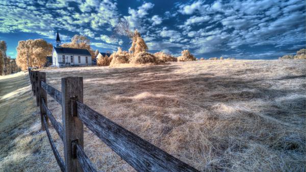 Free church with fence under white cloud sky 4k 5k hd travel wallpaper download