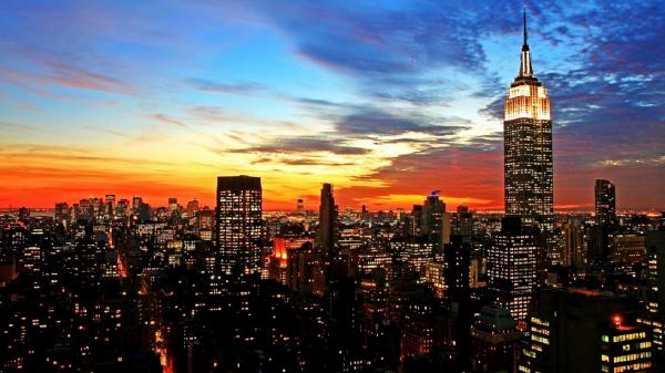 Free city manhattan with background of blue and yellow sky during sunset 4k hd new york wallpaper download