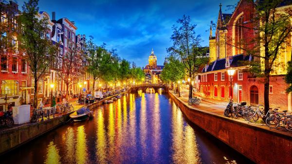 Free city night river amsterdam hd travel wallpaper download