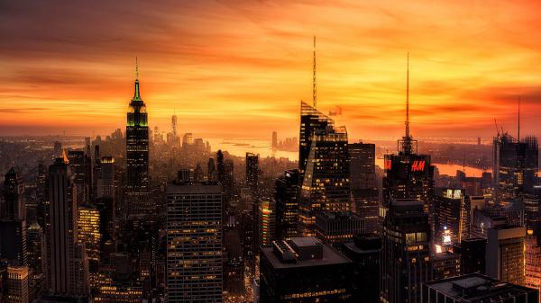 Free city with high rising buildings under yellow sky during sunset hd new york wallpaper download