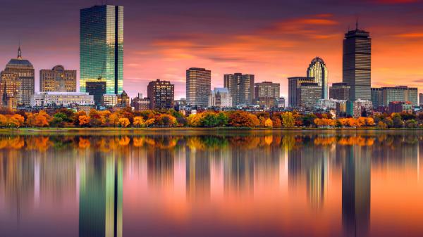 Free colorful boston building reflection on river surrounded by colorful trees usa hd travel wallpaper download