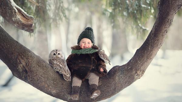 Free cute baby boy is sitting on tree trunk with owl wearing woolen muffler and cap and brown soft jerkin hd cute wallpaper download