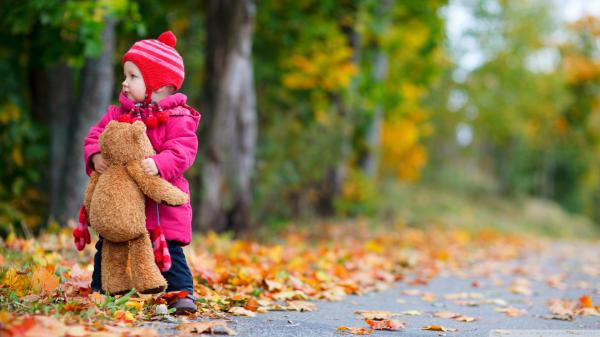 Free cute baby girl is wearing dark pink overcoat with blue pants and red woolen knitted cap having toy in hand standing on autumn leaves hd cute wallpaper download