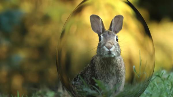 Free cute brown rabbit inside bubble on green grass in a blur green background hd animals wallpaper download