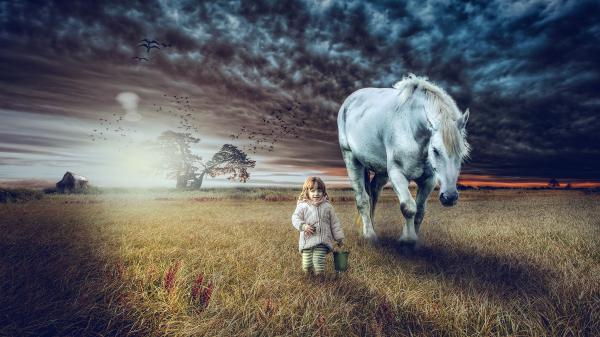 Free cute girl and horse 5k wallpaper download