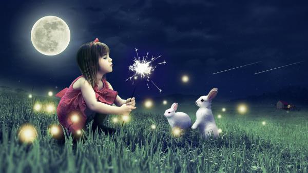 Free cute girl cute rabbits wallpaper download